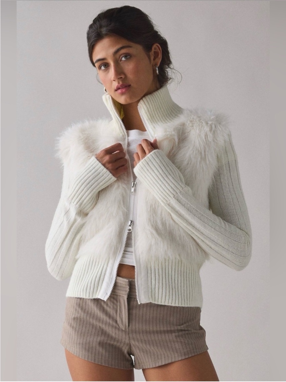 BDG Tori Faux Fur Trim Zip-Up Sweater Jacket